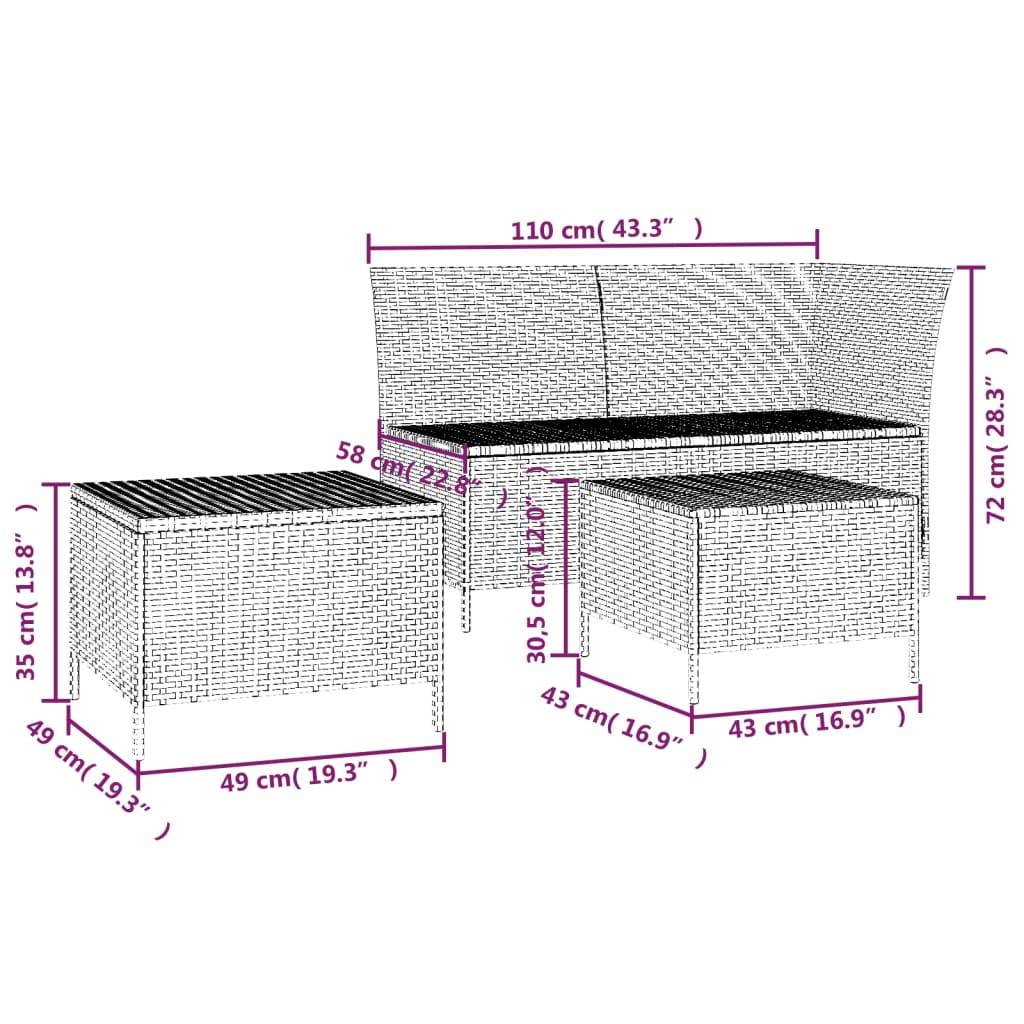 vidaXL 3-tlg. Garten-Lounge-Set mit Kissen Grau Poly Rattan