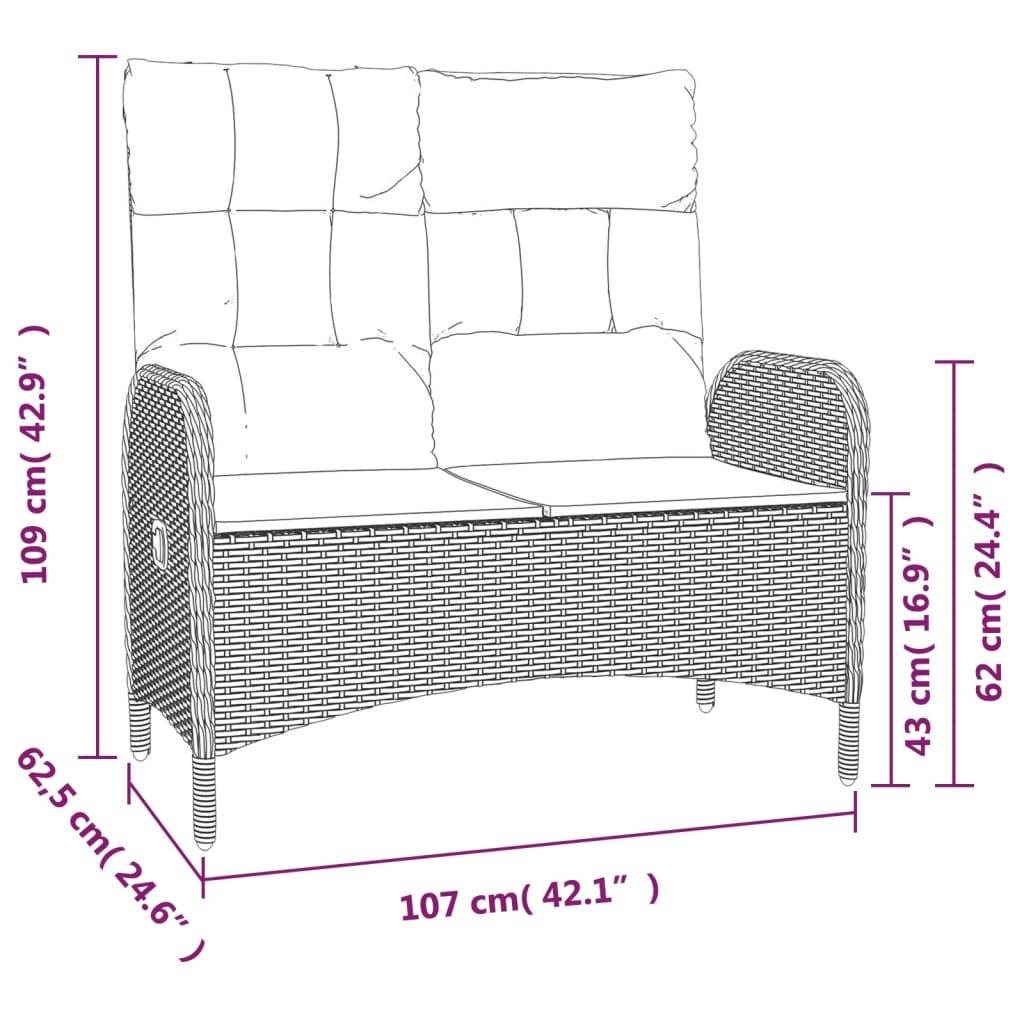vidaXL Gartenbank mit Liegefunktion & Kissen 107cm Poly Rattan Schwarz