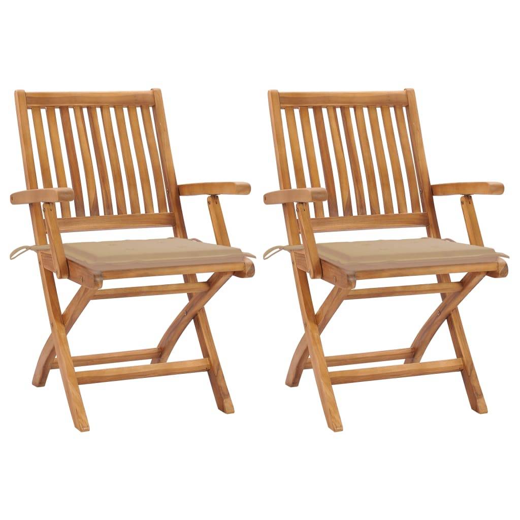 vidaXL Gartenstühle 2 Stk. mit Beige Kissen Teak Massivholz