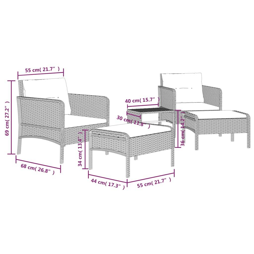 vidaXL 5-tlg. Garten-Lounge-Set mit Kissen Braun Poly Rattan