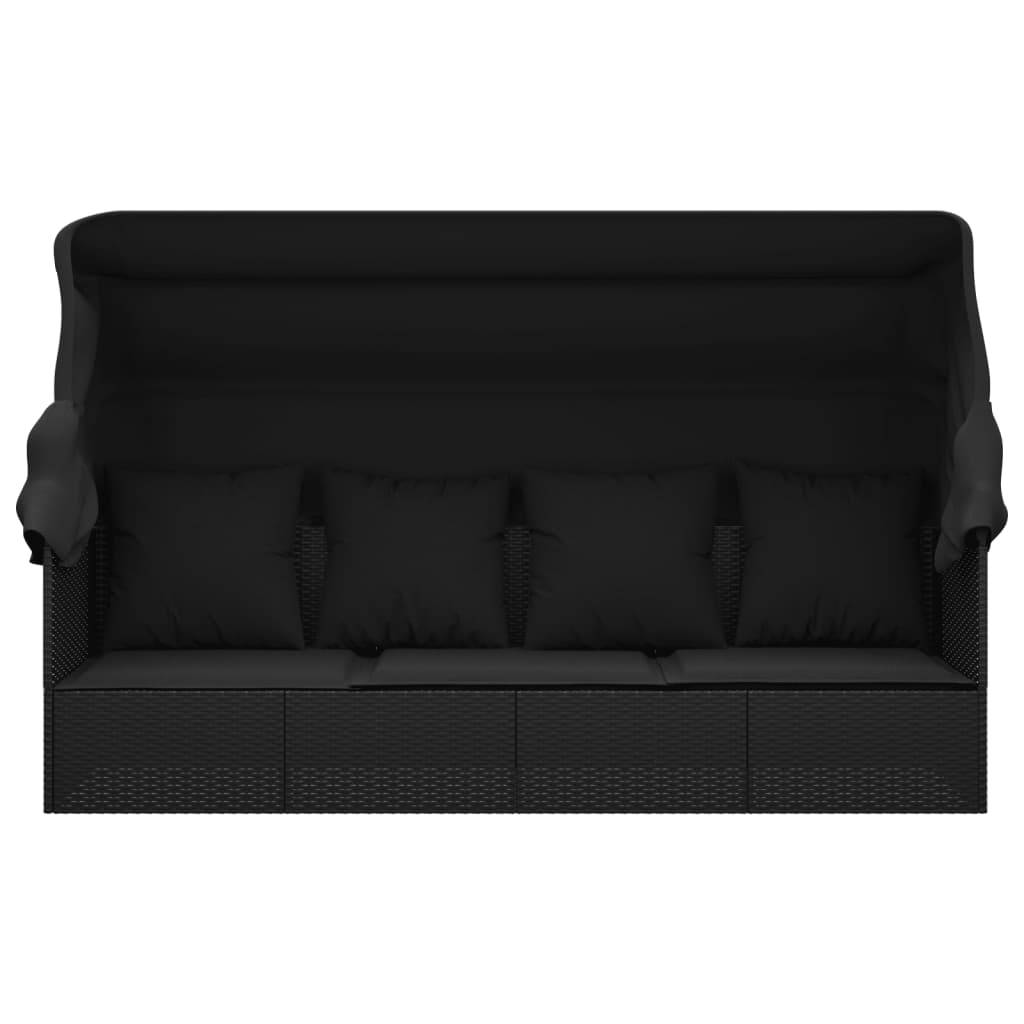 vidaXL Outdoor-Loungebett mit Dach und Kissen Schwarz Poly Rattan