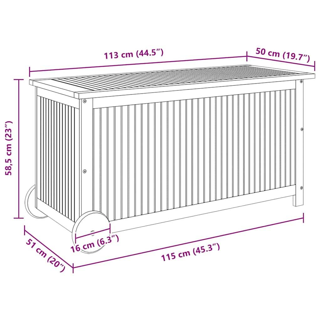 vidaXL Gartentruhe mit Rollen 113x50x58 cm Massivholz Akazie