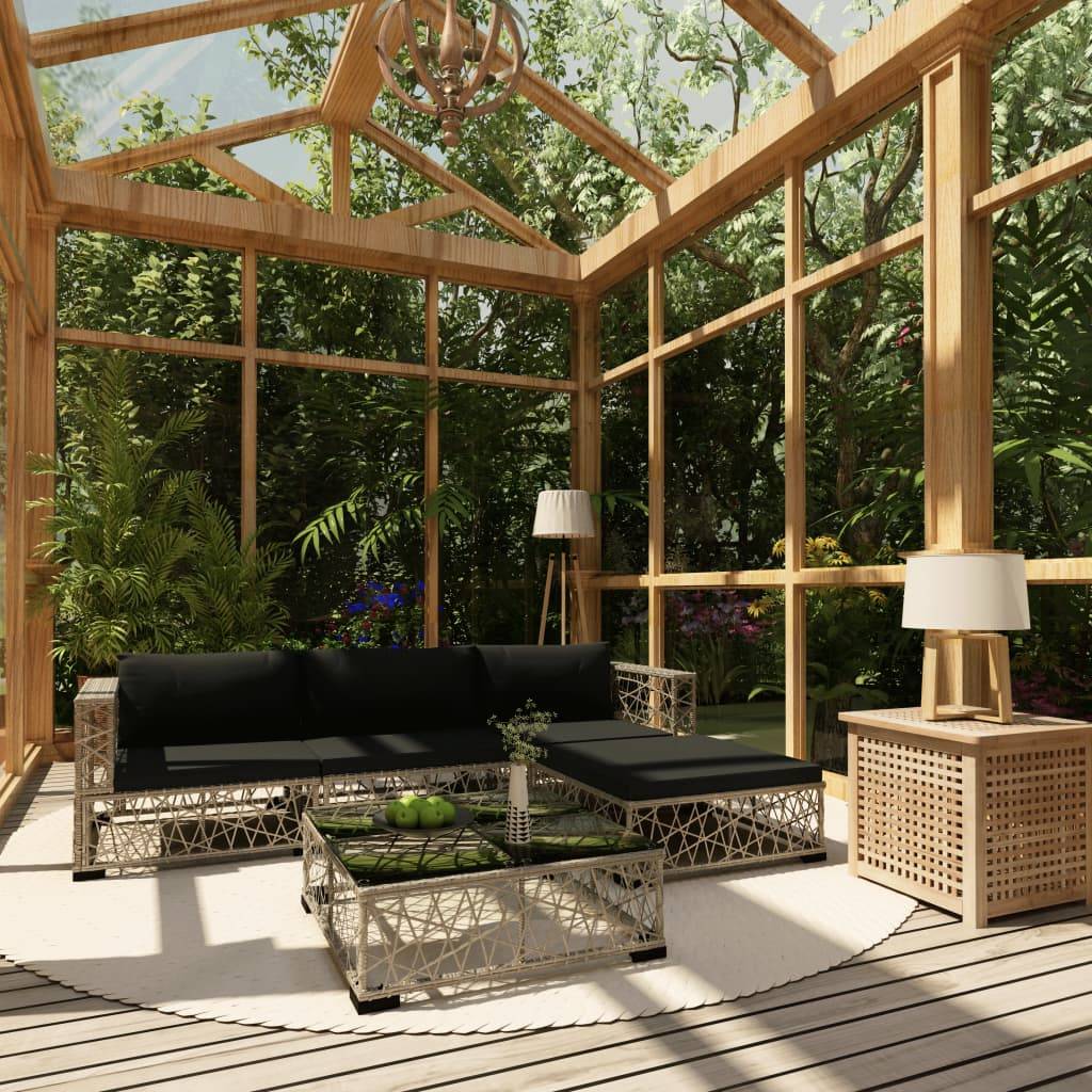 vidaXL 5-tlg. Garten-Lounge-Set mit Kissen Poly Rattan Grau