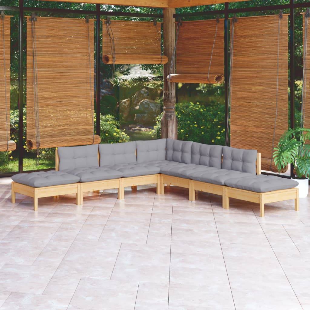 vidaXL 7-tlg. Garten-Lounge-Set mit Grauen Kissen Kiefernholz