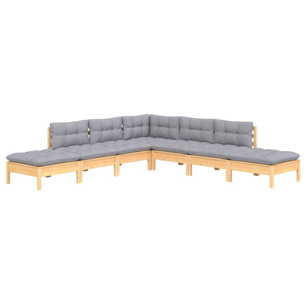 vidaXL 7-tlg. Garten-Lounge-Set mit Grauen Kissen Kiefernholz