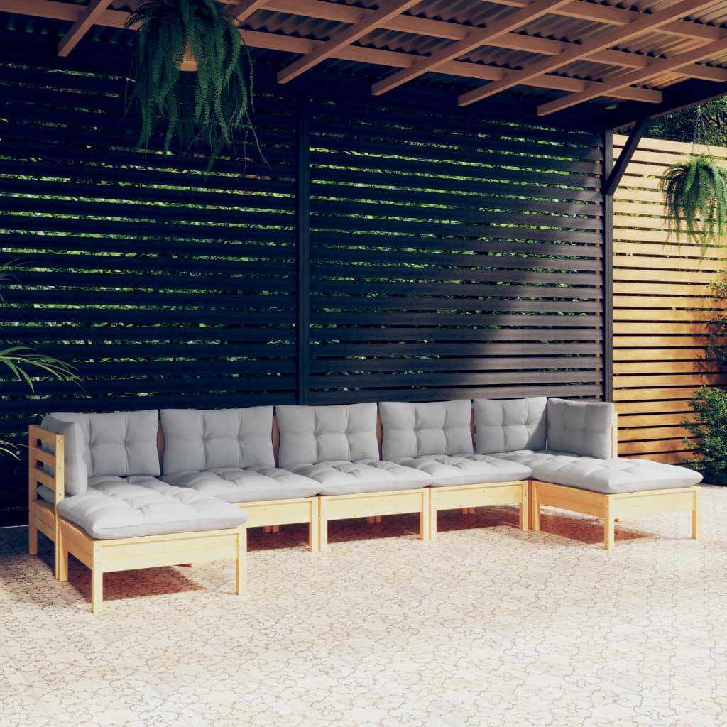 vidaXL 7-tlg. Garten-Lounge-Set mit Grauen Kissen Kiefernholz