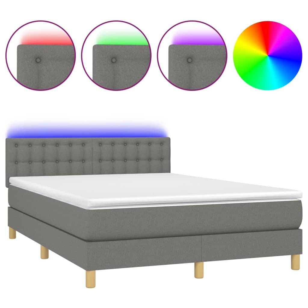 vidaXL Boxspringbett mit Matratze & LED Dunkelgrau 140x190 cm Stoff