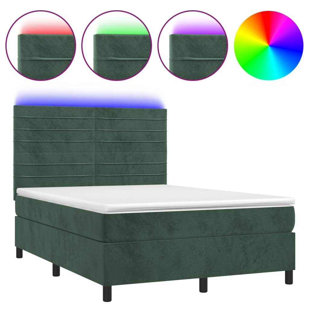 vidaXL Boxspringbett mit Matratze & LED Dunkelgrün 140x200 cm Samt