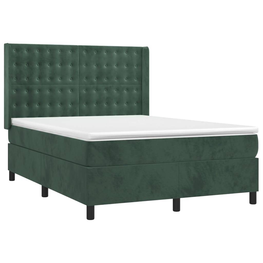 vidaXL Boxspringbett mit Matratze & LED Dunkelgrün 140x200 cm Samt