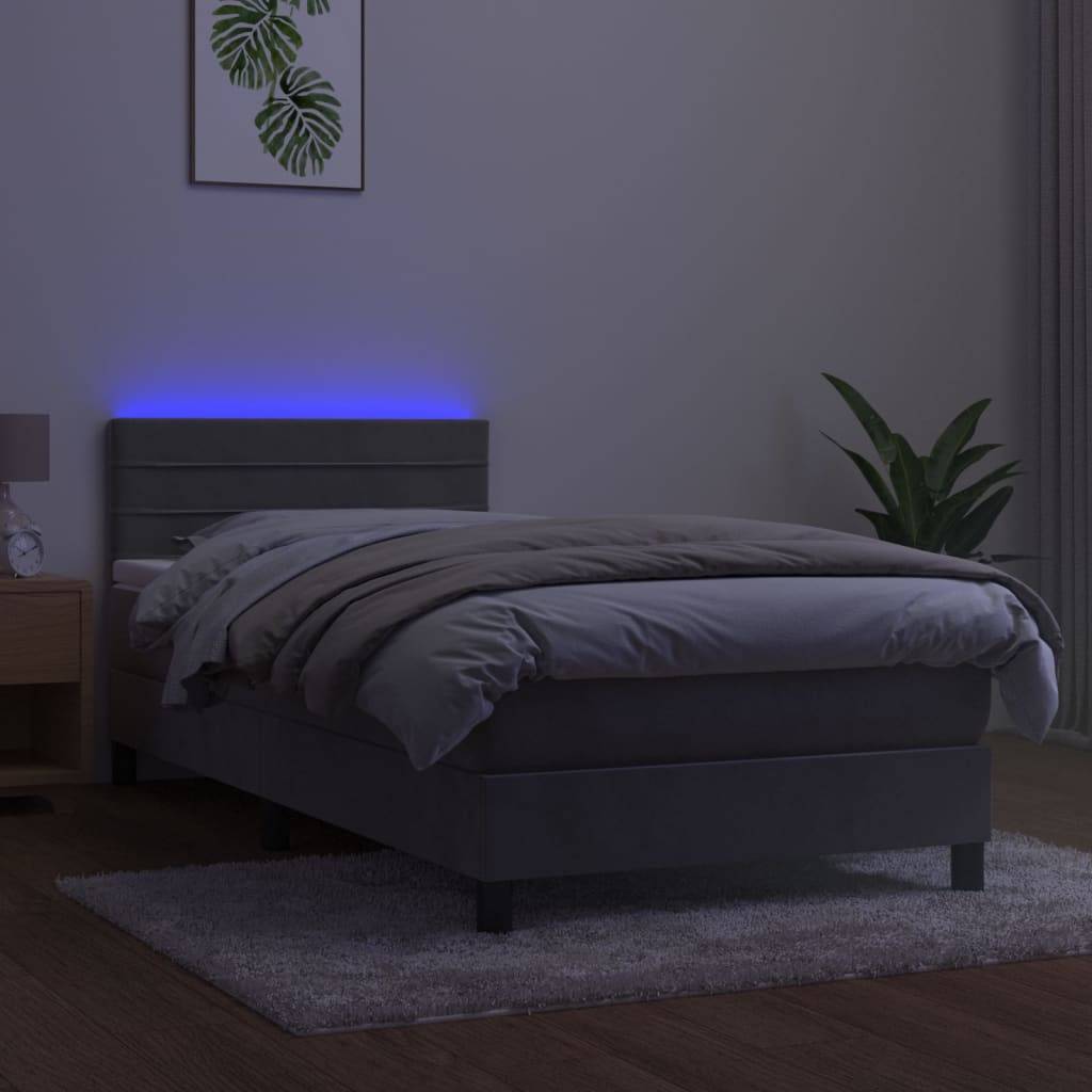 vidaXL Boxspringbett mit Matratze &amp; LED Hellgrau 100x200 cm Samt