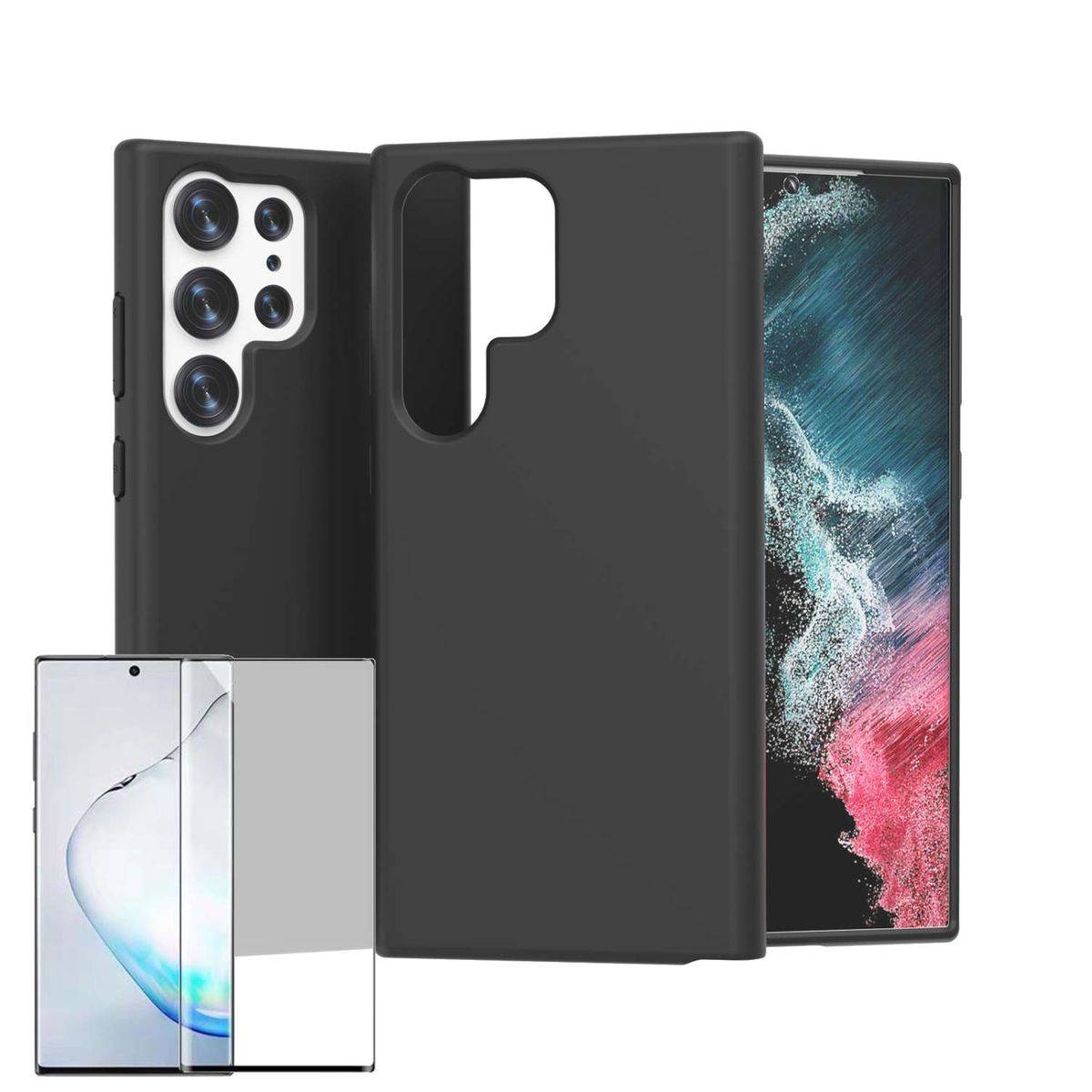 Für Samsung Galaxy S23 Ultra 5G Silikoncase TPU Schwarz + 0,26 H9 4D Curved Hart Glas Handy Tasche Hülle Schutz Cover