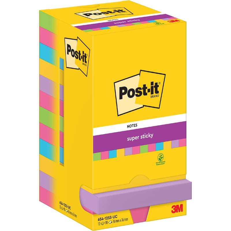 Packung Post-it Super Sticky Notes in leuchtenden Farben, mit dem 3M-Logo. Enthält mehrere Haftnotizblöcke in verschiedenen Schattierungen, geeignet zum Notieren.