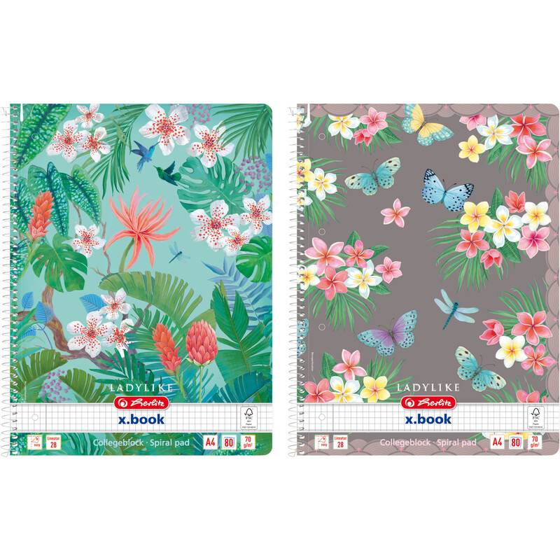 Zwei farbenfrohe Spiralnotizbücher mit Blumen- und Schmetterlingsdesigns auf den Umschlägen, eines mit lebhaft grünen Blättern und Blumen, das andere mit pastellfarbenen Blumen und Schmetterlingen.