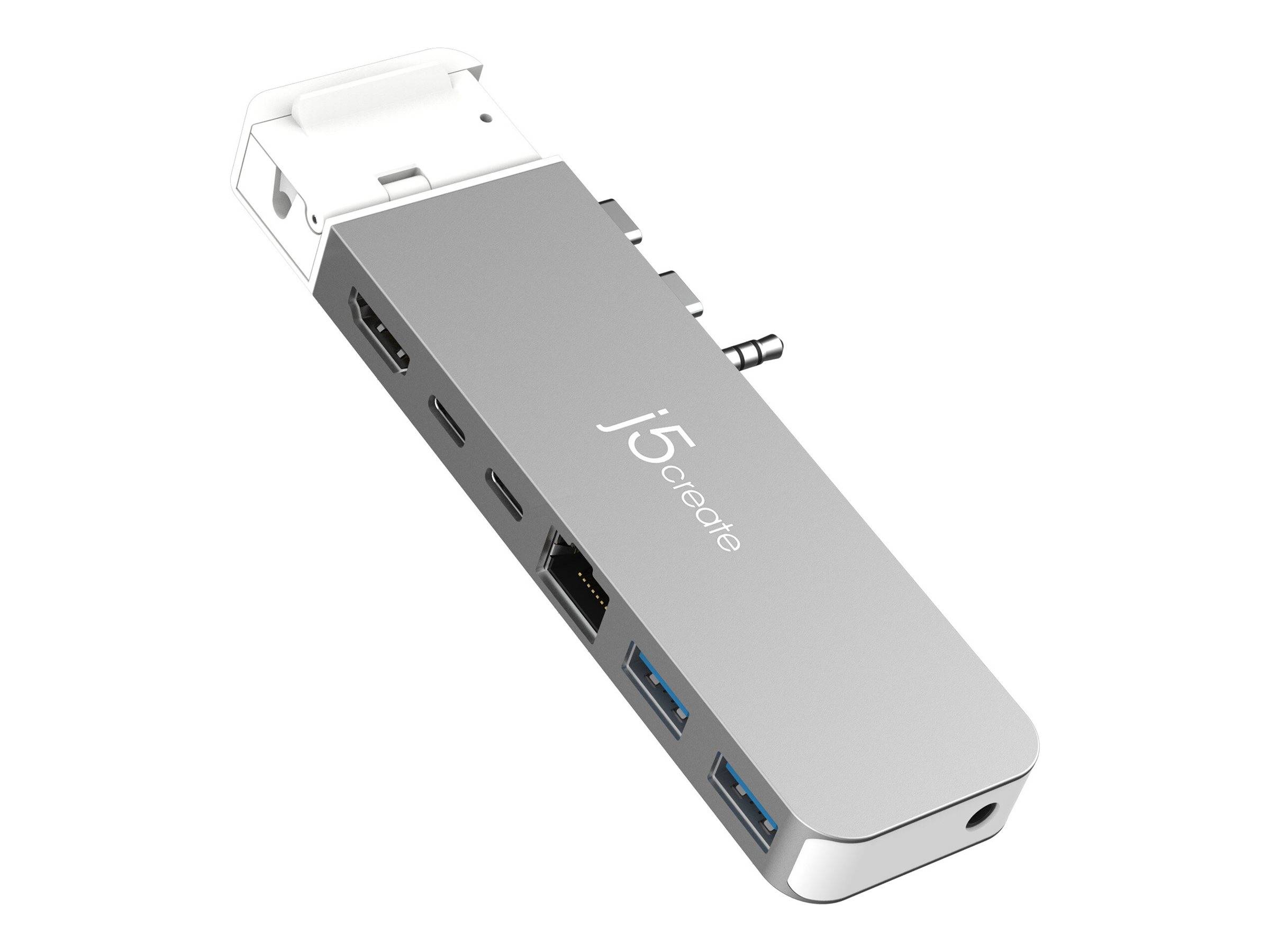Silberner j5create USB-C Hub-Adapter mit mehreren Anschlüssen, einschließlich USB-A, USB-C, Ethernet und Audiobuchse.