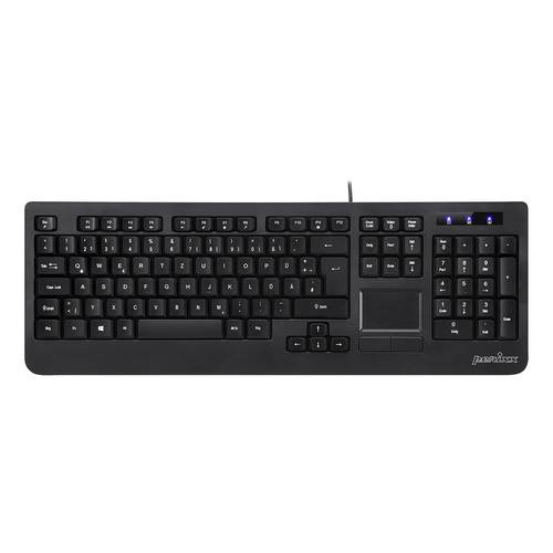 Eine schwarze kabelgebundene Tastatur mit integriertem Touchpad und standardmäßigem Tastenlayout, einschließlich eines numerischen Tastaturblocks auf der rechten Seite.