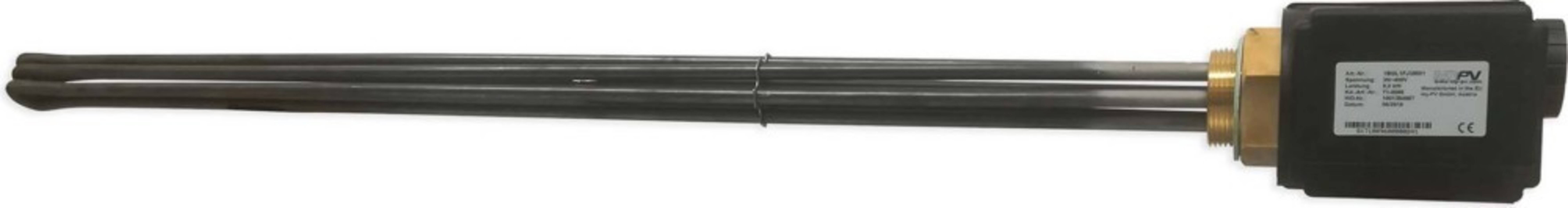 Lange schwarze zylindrische Sonde oder ein Sensor mit einem rechteckigen schwarzen Gehäuse auf der rechten Seite, horizontal auf weißem Hintergrund dargestellt.