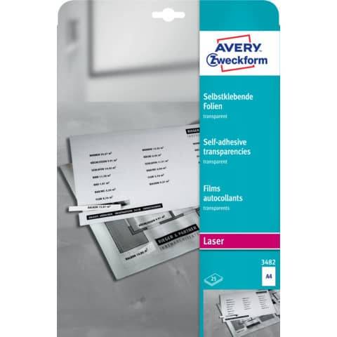 3482 Transparente, selbstklebende Folien, DIN A4, spezialbeschichtet, stapelverarbeitbar, selbstklebend, Stärke: 0,14 mm, Obermaterial: 0,43 mm, 25