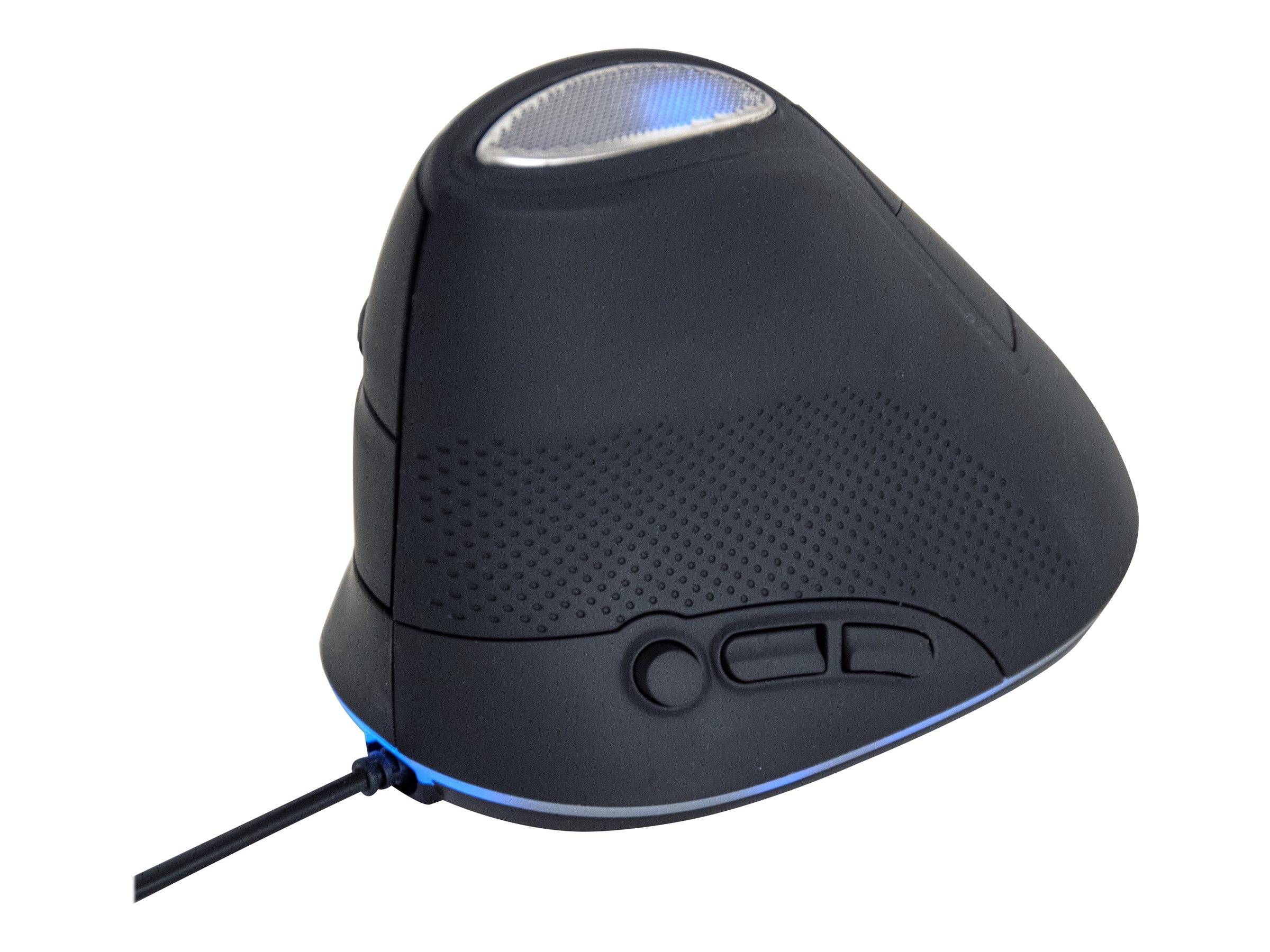 Schwarze ergonomische Computermaus mit blau beleuchteter Basis und Kabel, auf weißem Hintergrund dargestellt.