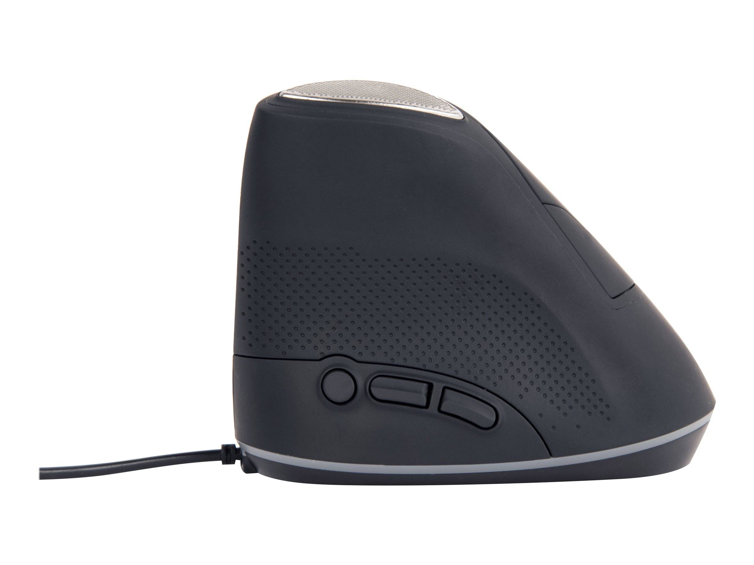 Schwarze ergonomische Computermaus mit vertikalem, handförmigem Design und an der linken Seite angebrachtem Kabel.