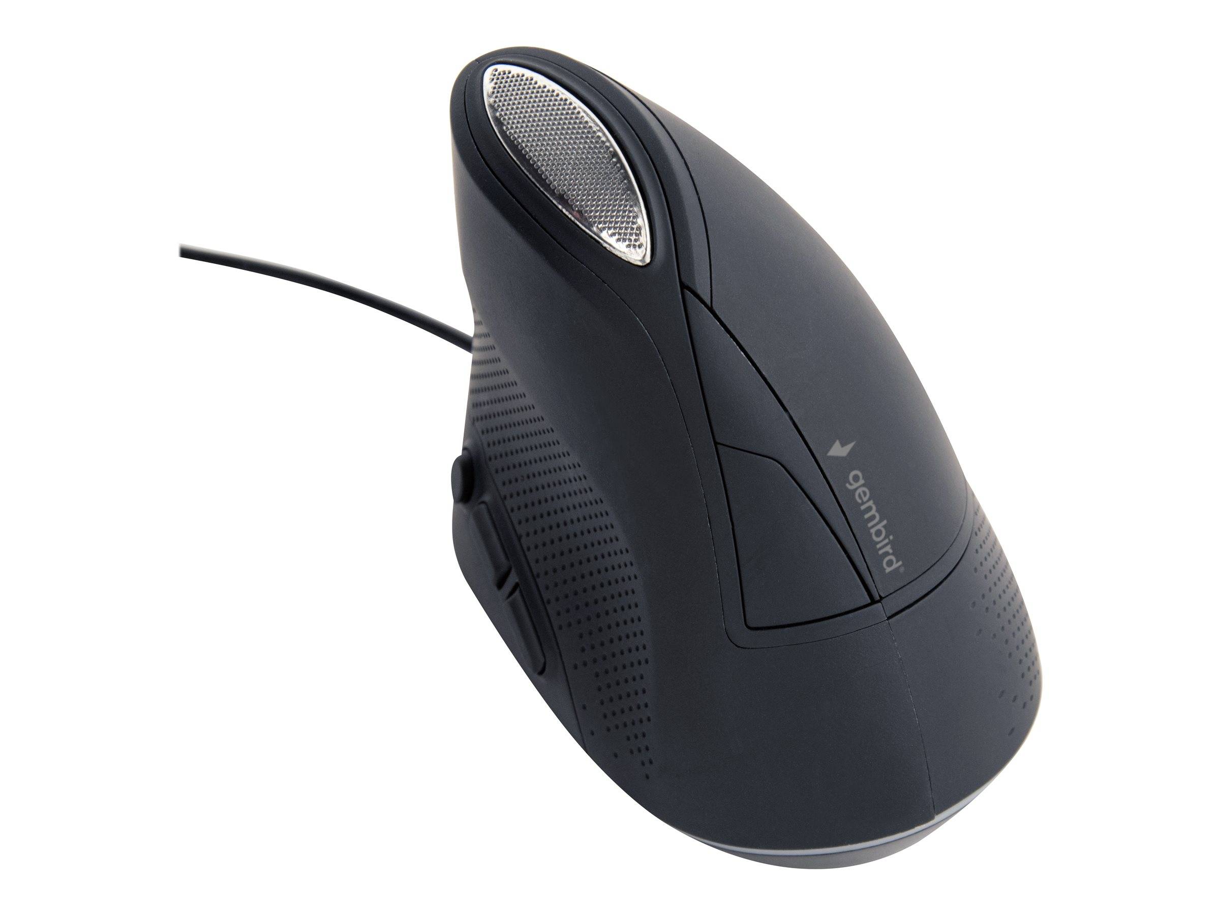 Schwarze kabelgebundene ergonomische Computermaus mit silbernem Scrollrad und Seitentasten, dargestellt auf weißem Hintergrund.