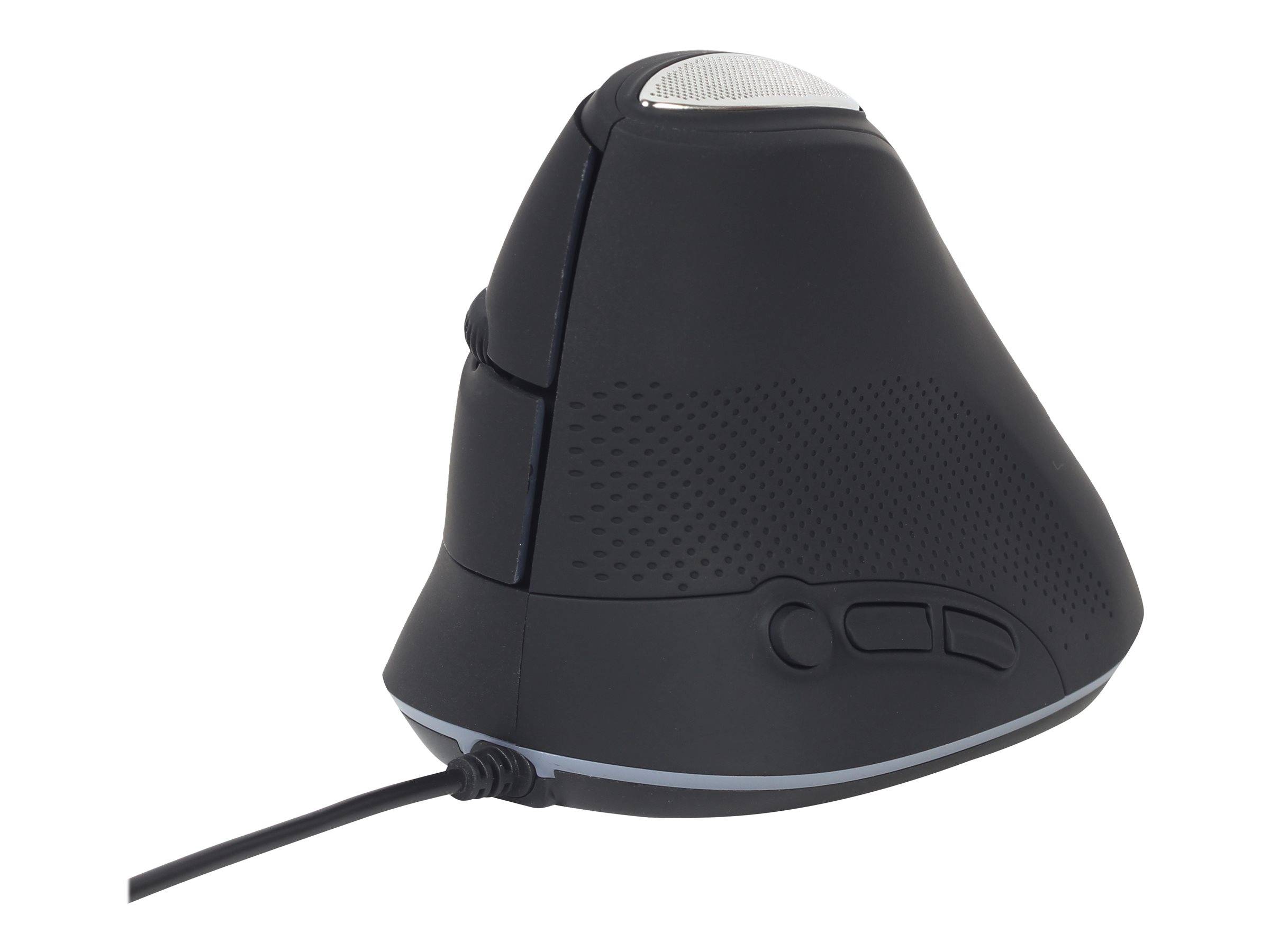 Schwarze ergonomische vertikale Computermaus mit Kabel und silbernem oberen Scrollbereich, dargestellt auf weißem Hintergrund.