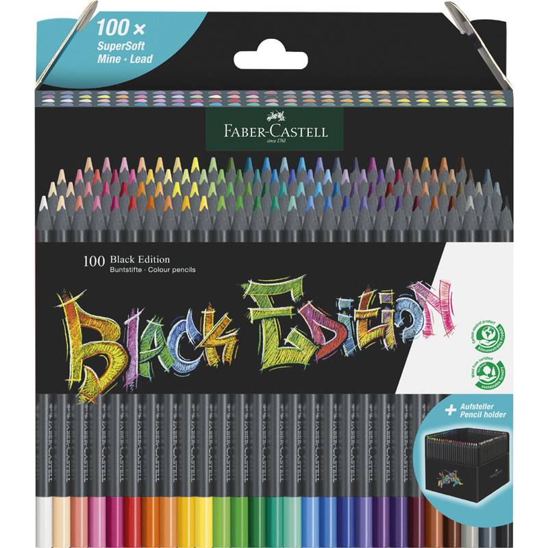 Faber-Castell Black Edition' Buntstift-Set mit 100 leuchtenden Farben und extra weicher Mine, präsentiert in einer aufrecht stehenden Box.