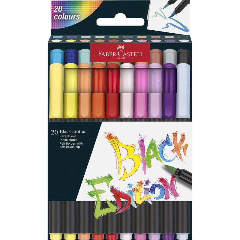 Faber-Castell Black Edition' Set mit 20 Filzstiften mit weichen Pinselspit­zen. Enthält verschiedene lebendige Farben.