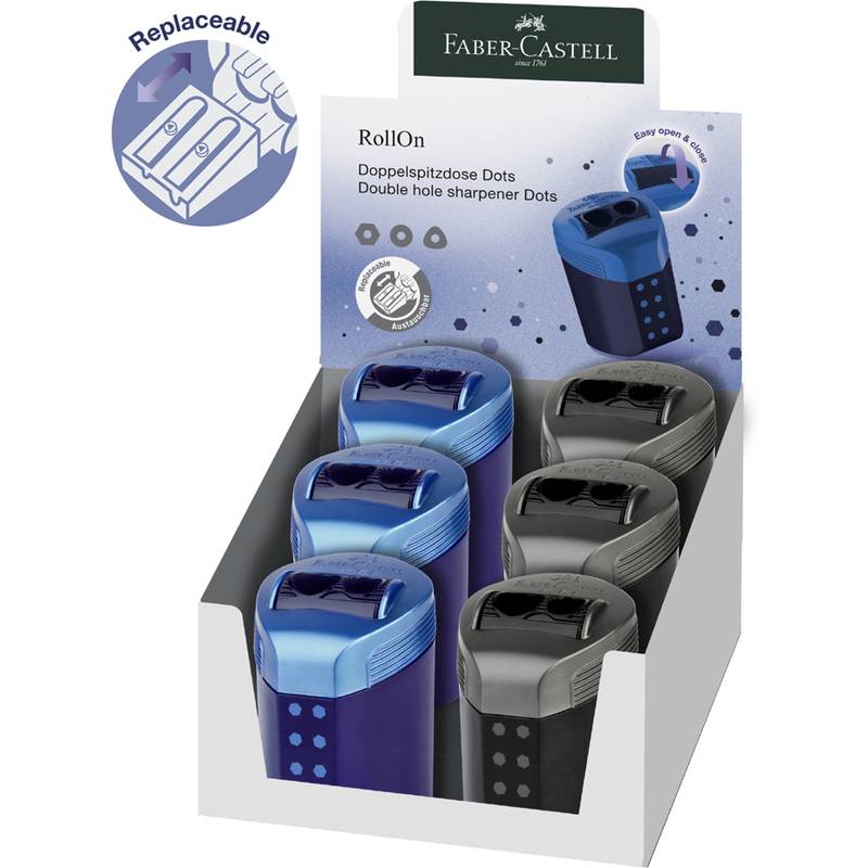 Faber-Castell RollOn Doppelloch-Anspitzer mit Punkten, in einer Schachtel mit auswechselbaren Klingen, mit sechs Anspitzern in Blau und Schwarz.