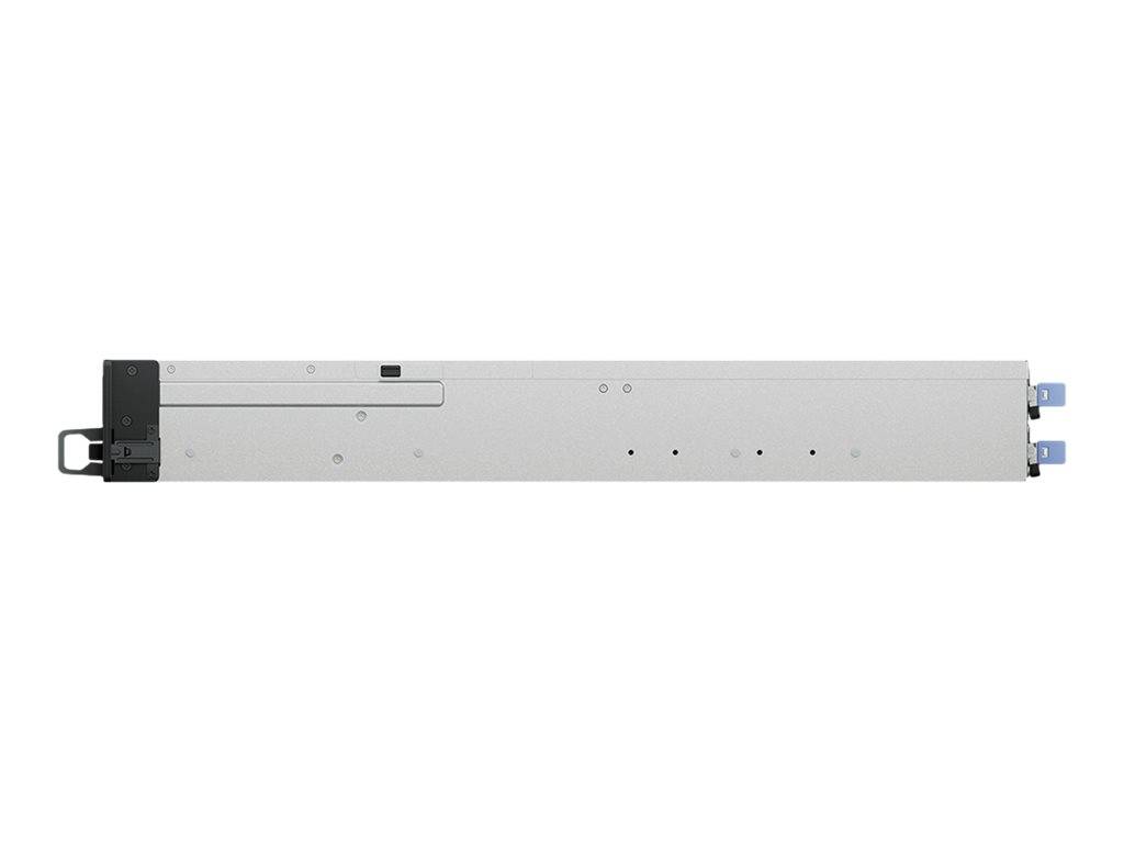 Frontansicht eines silbernen Rackmount-Server-Gehäuses mit schwarzen Endkappen und blauen Zuglaschen auf weißem Hintergrund.