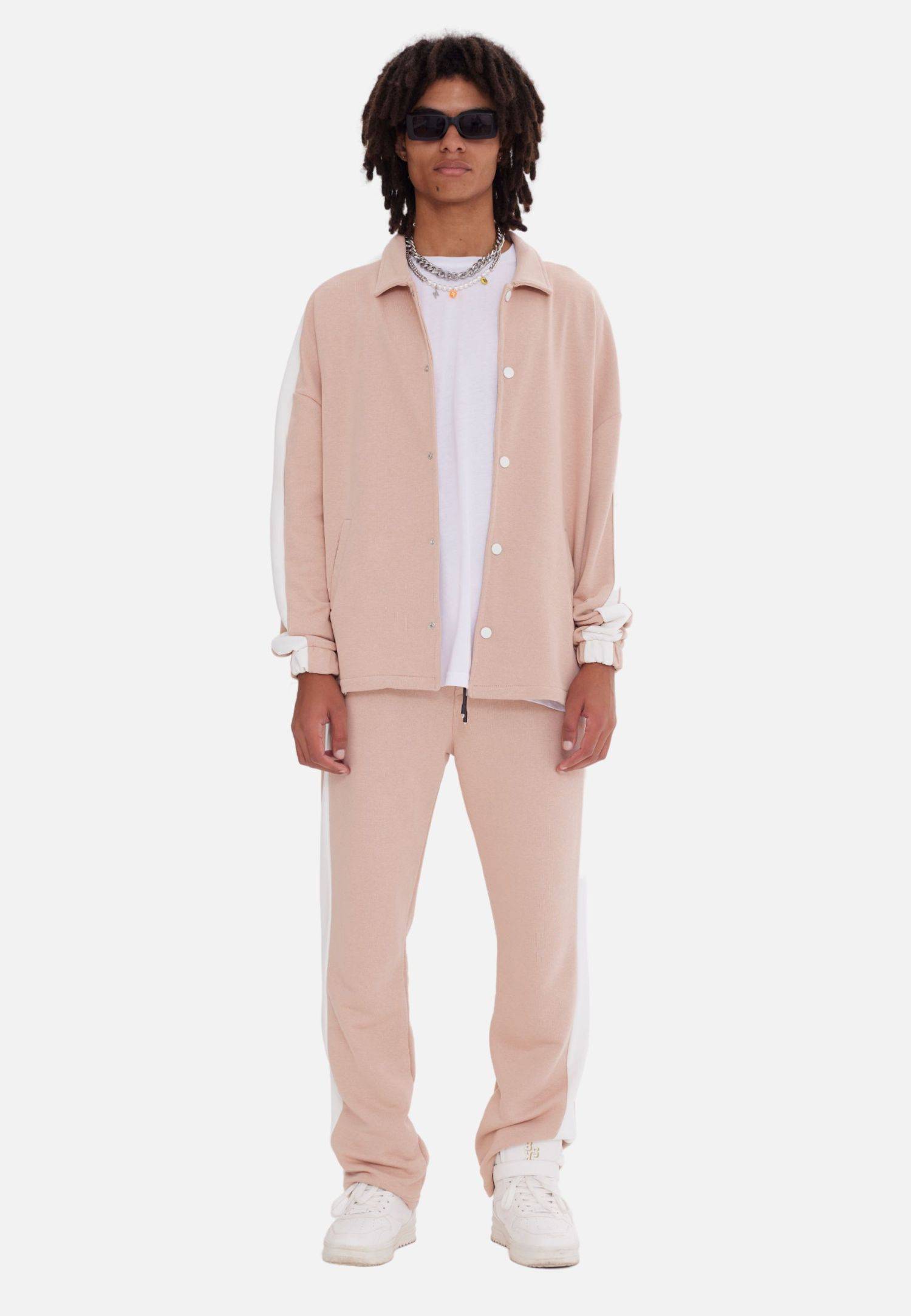 Jogginganzug Set Stripe mit Streifen Jacke Hose L Beige