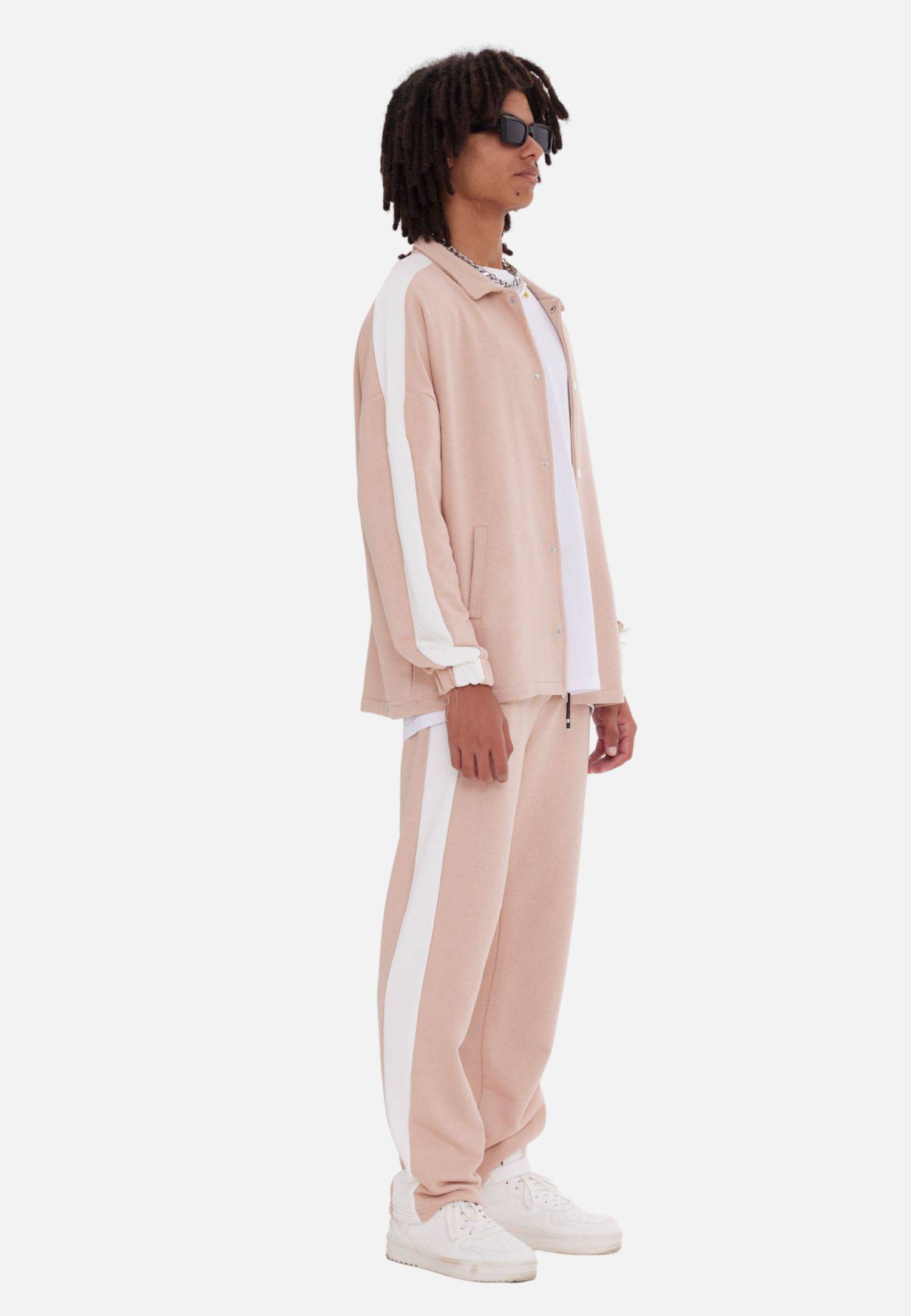 Jogginganzug Set Stripe mit Streifen Jacke Hose L Beige