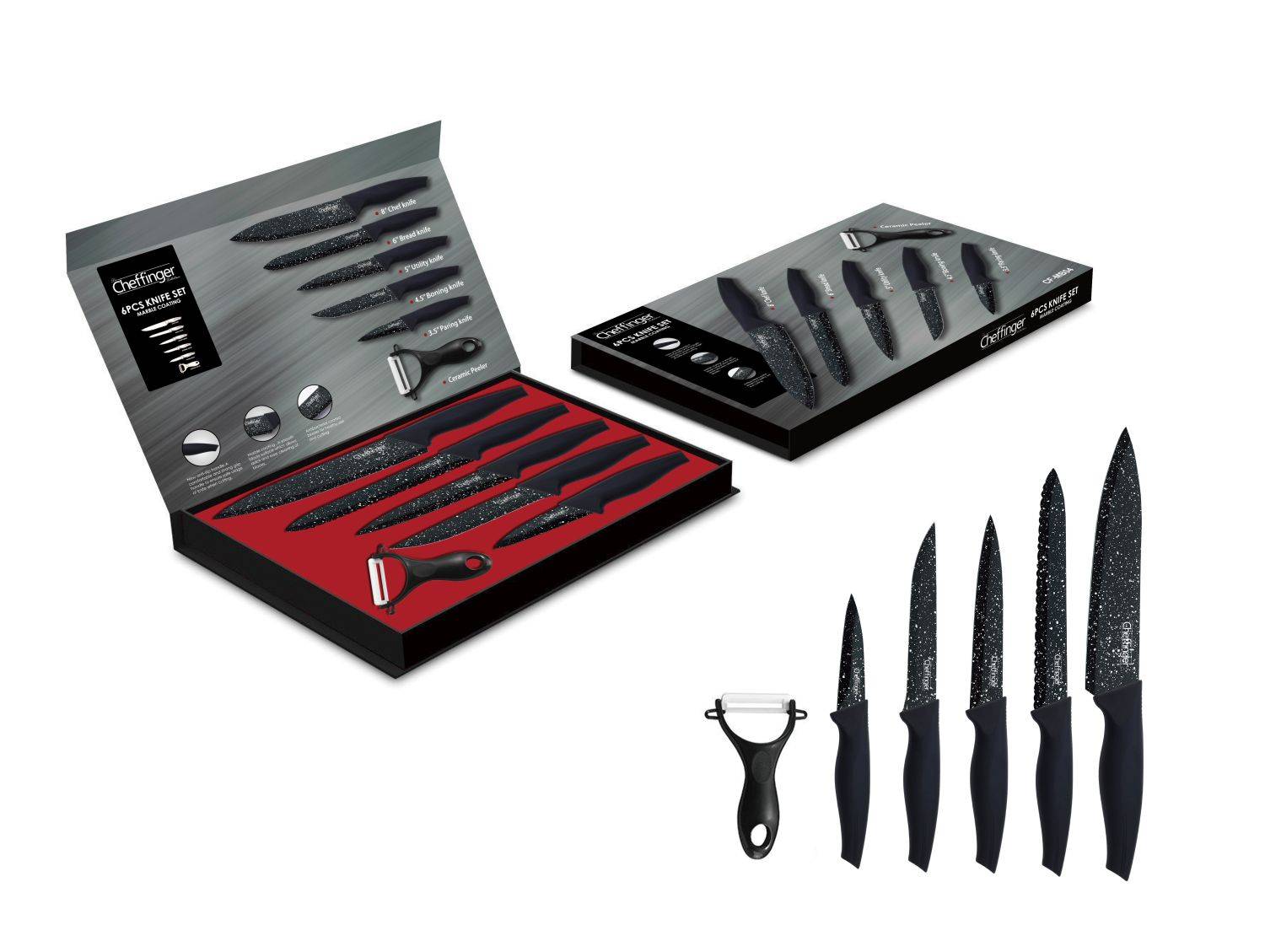 6 teiliges Messerset 5 Messer 1 Sparschäler Kochmesser Schwarz in Klappbox mit Magnetverschluss
