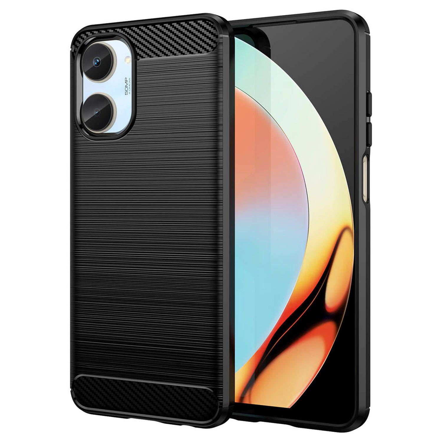 Carbon Case Hülle kompatibel mit Realme 10 4G flexible Silikon Carbon Hülle schwarz