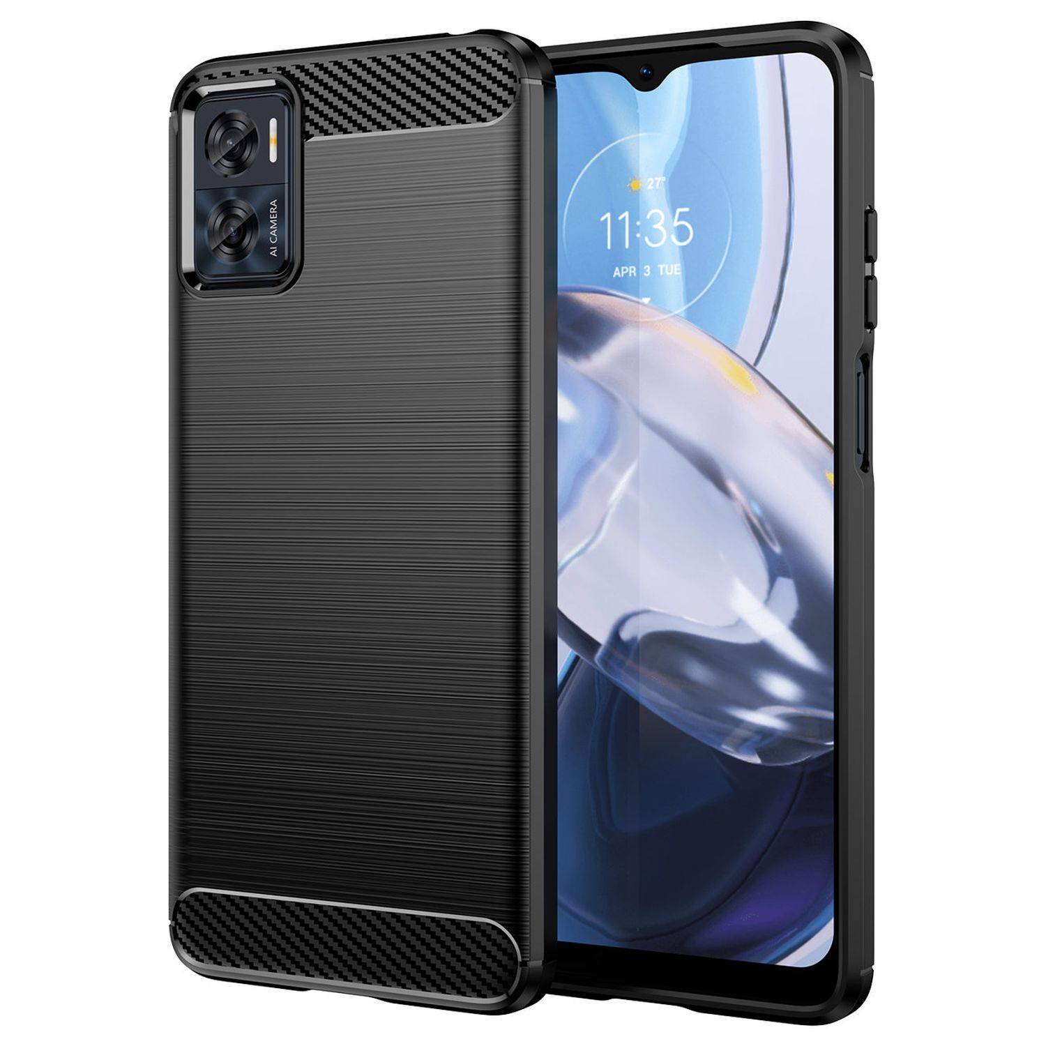 Carbon Case Hülle kompatibel mit Motorola Moto E22 flexible Silikon Carbon Hülle schwarz