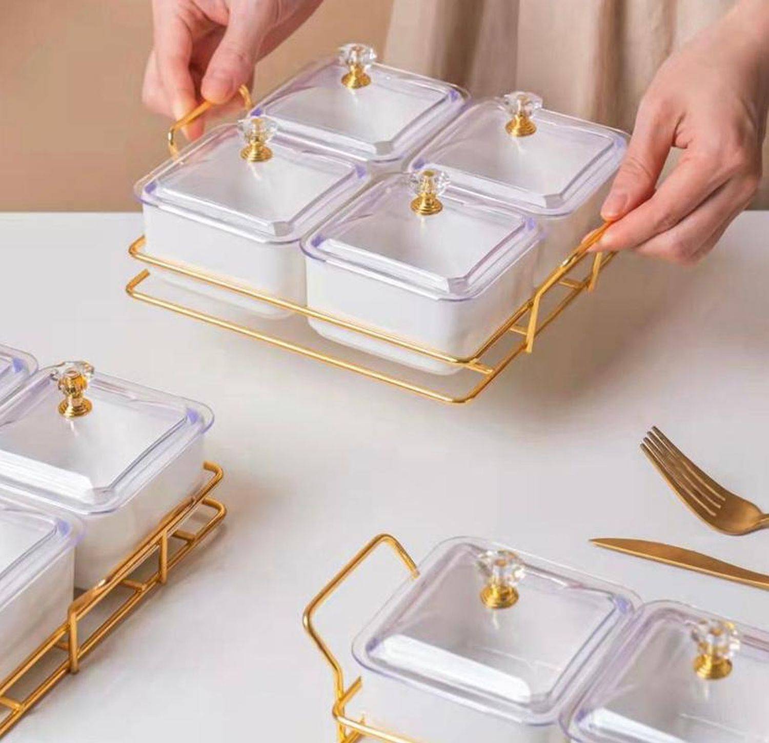 4-Teilig Knabber Schalenset Fächer mit Deckel und Ständer Cerezlik Knabberschale aus Porzellan für Süßigkeiten, Dips