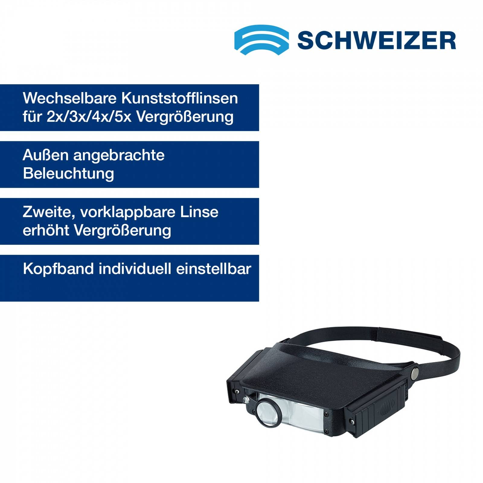 SCHWEIZER Kopfbandlupe BELEUCHTET 2 x / 3 x / 4 x / 5 x 