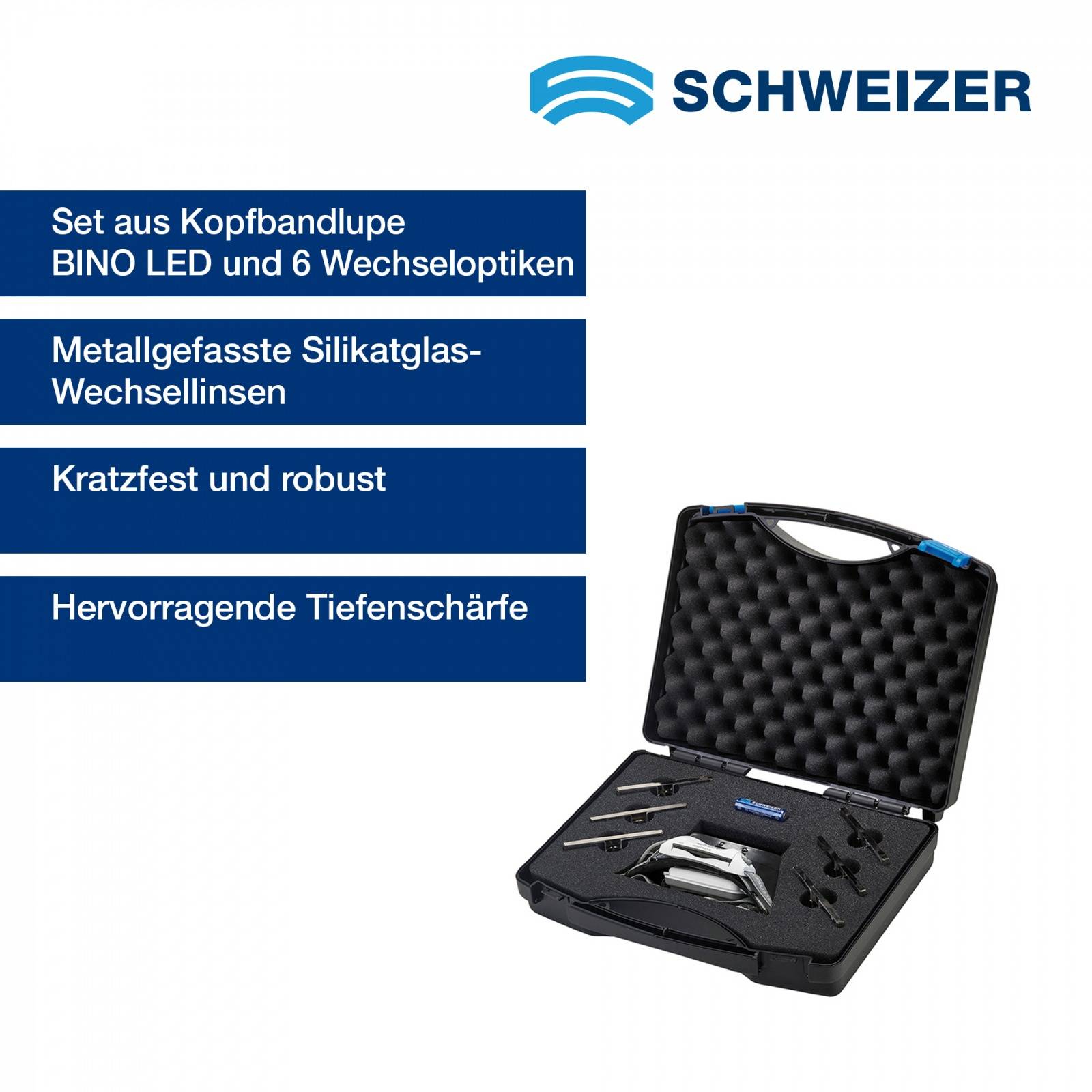 SCHWEIZER Kopfbandlupe Tech-Line BINO LED Set2 inkl. 6 Wechseloptiken 1,85 x, 2 x, 2,5 x, 2,75, 3 x, 3,5 x 