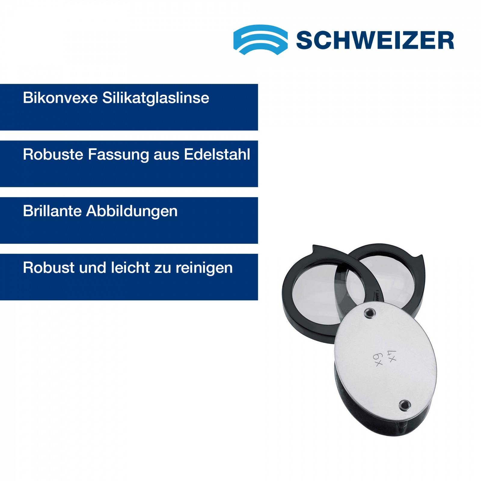 SCHWEIZER Einschlaglupe EDELSTAHL 4 x +6 x =10 x / Ø 30 mm, bikonvex 