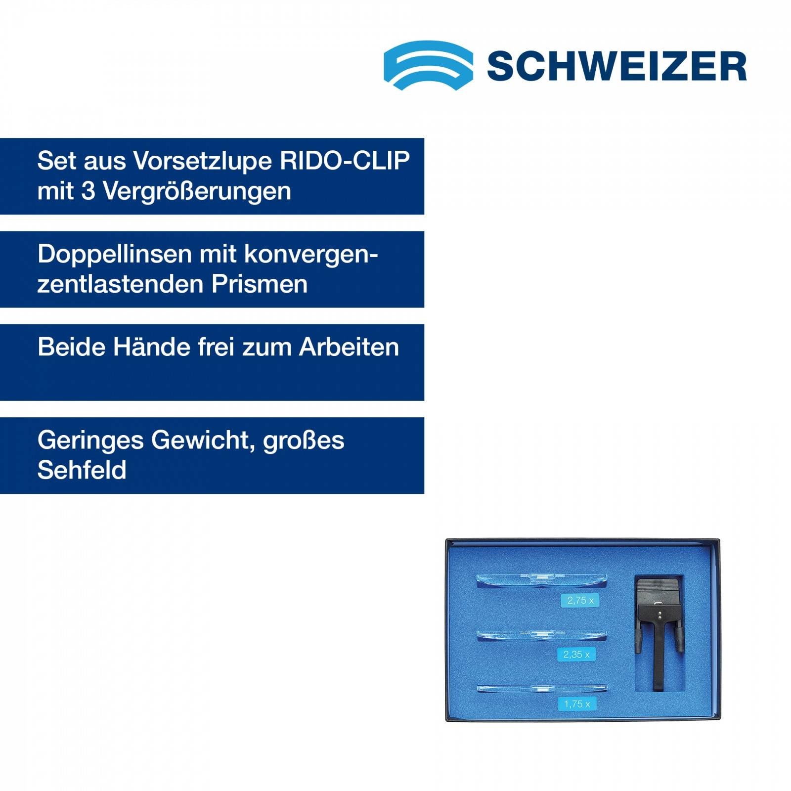 SCHWEIZER RIDO-CLIP Bo x alle Linsen 1,75 x, 2,35 x, 2,75 x 