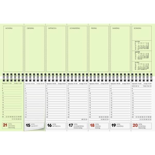 Tisch-Querkalender 327x112mm 1 Woche auf einer 2 Seite grün Kalendarium 2024