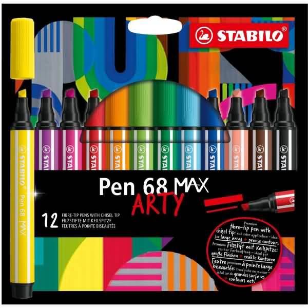 STABILO - Pen 68 MAX - 12 Farben - Beige - Schwarz - Blau - Braun - Grün - Hellblau - Hellgrün - Orange - Pink - Violett