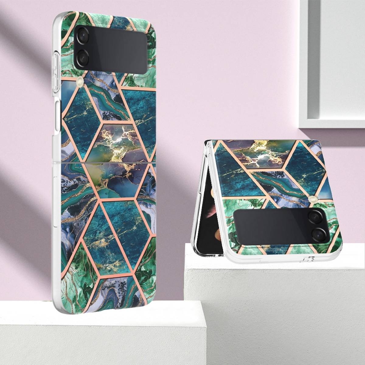 Für Samsung Galaxy Z Flip4 Electroplating Splicing Marmor TPU Hülle Schutz Cover Handy Tasche Muster / Motiv Blau/Grün Hülle Etuis Muster