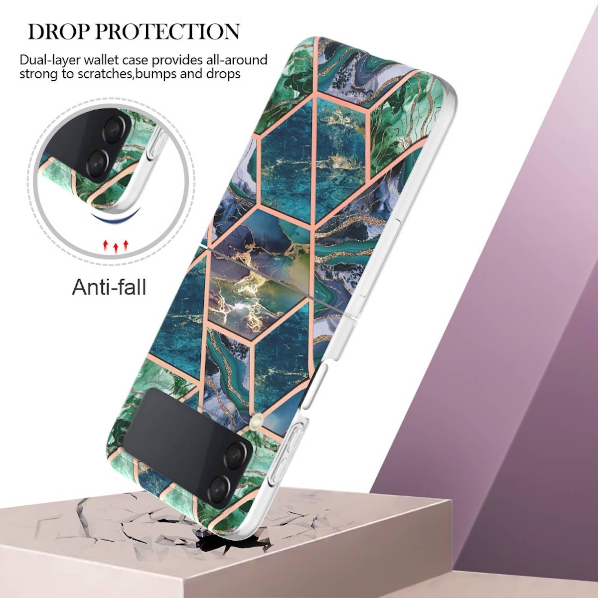 Für Samsung Galaxy Z Flip4 Electroplating Splicing Marmor TPU Hülle Schutz Cover Handy Tasche Muster / Motiv Blau/Grün Hülle Etuis Muster