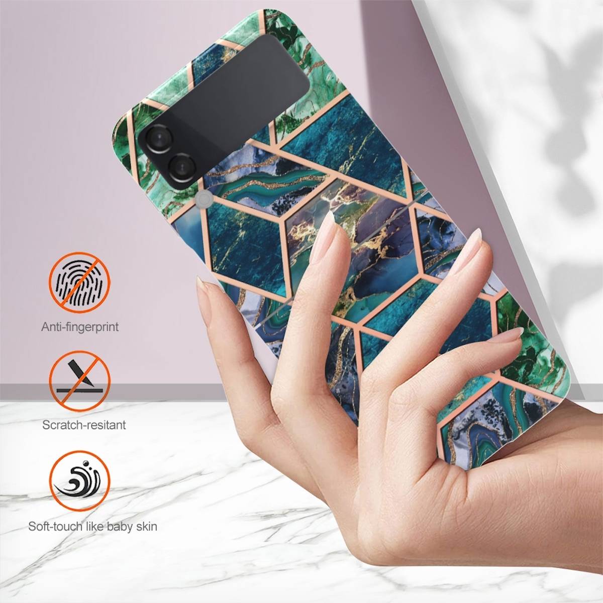 Für Samsung Galaxy Z Flip4 Electroplating Splicing Marmor TPU Hülle Schutz Cover Handy Tasche Muster / Motiv Blau/Grün Hülle Etuis Muster