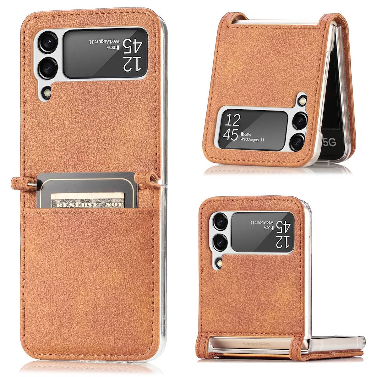 Für Samsung Galaxy Z Flip4 Faltbare Handytasche mit Kartenfach und Litschi-Textur Schutz Cover Handy Tasche Muster / Motiv Braun Hülle Etuis Muster