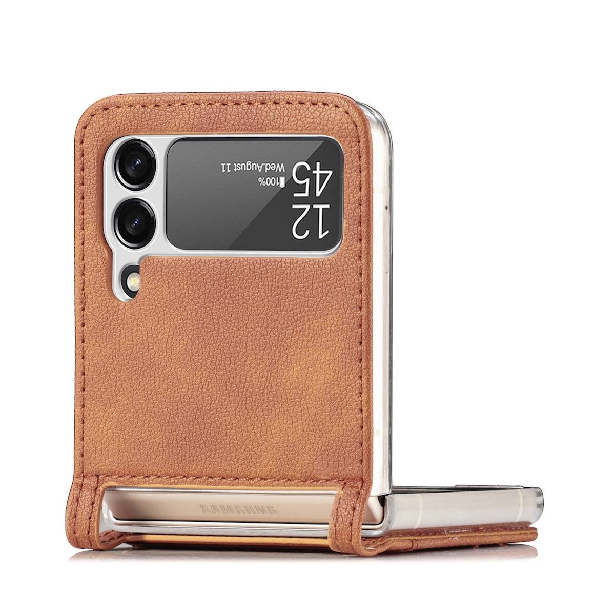 Für Samsung Galaxy Z Flip4 Faltbare Handytasche mit Kartenfach und Litschi-Textur Schutz Cover Handy Tasche Muster / Motiv Braun Hülle Etuis Muster