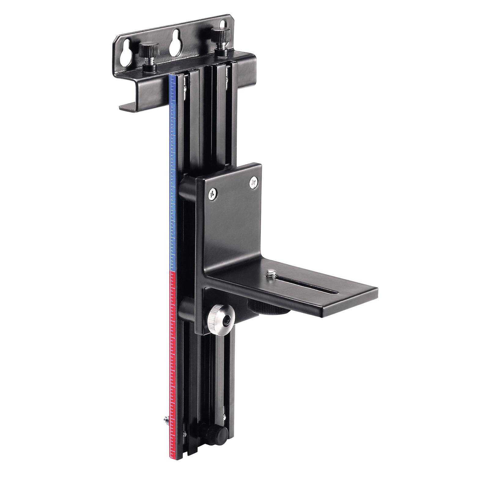Wandmontierte Halterung mit einem verstellbaren Gleitschienenmechanismus und Messskala in Blau und Rot. Entwickelt für präzise Positionierung von Werkzeugen oder Geräten.