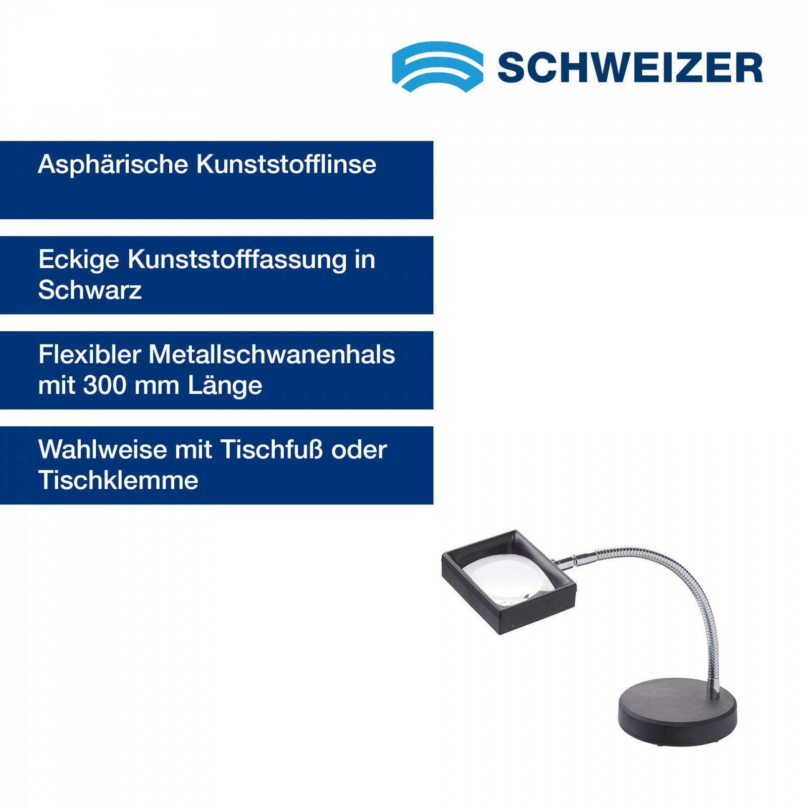 SCHWEIZER Arbeitsstandlupe KUNSTSTOFF Tischklemme 3 x / 100 x 75 mm, asphärisch