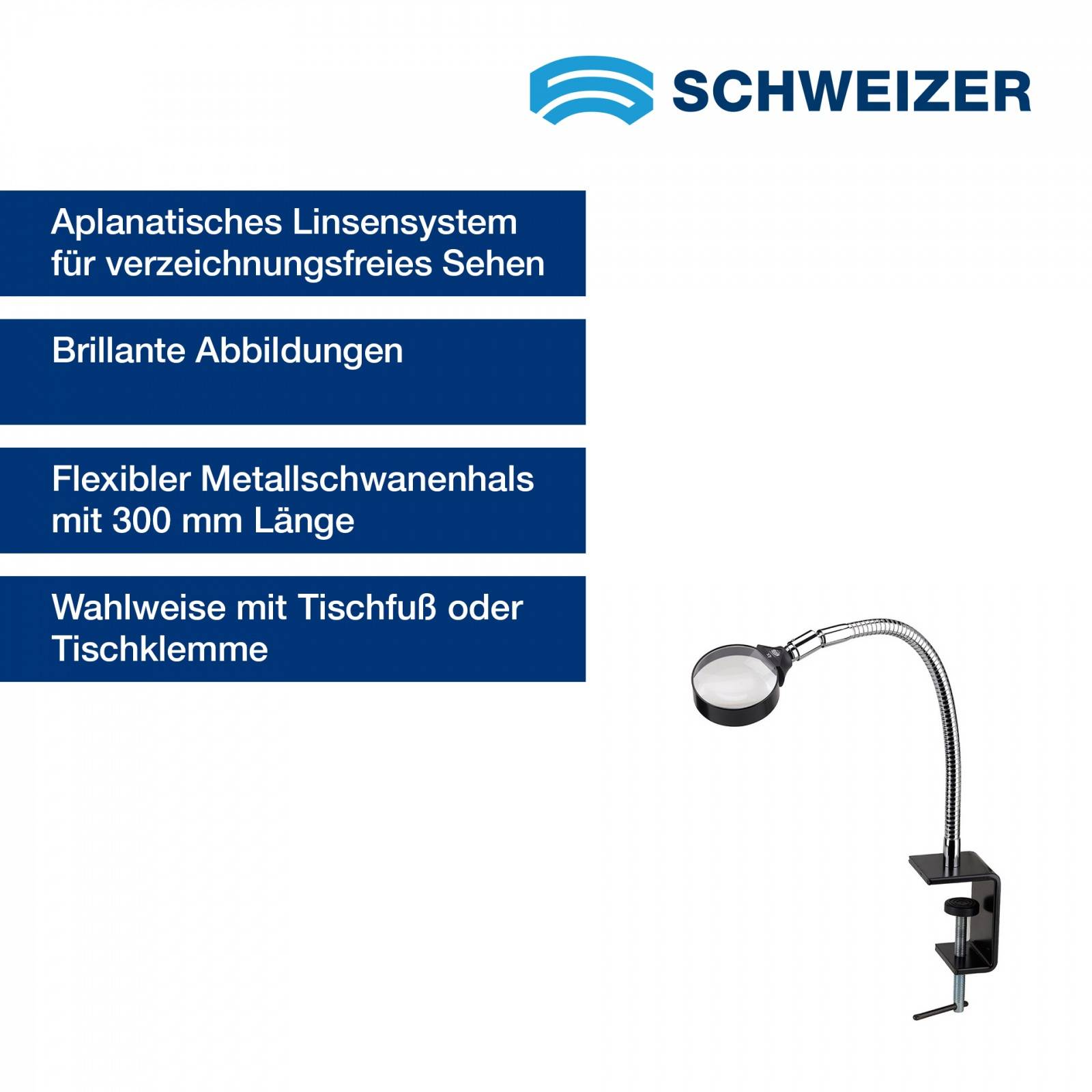 SCHWEIZER Arbeitsstandlupe Tech-Line 4 x / Ø 65 mm, aplanatisch, Tischklemme