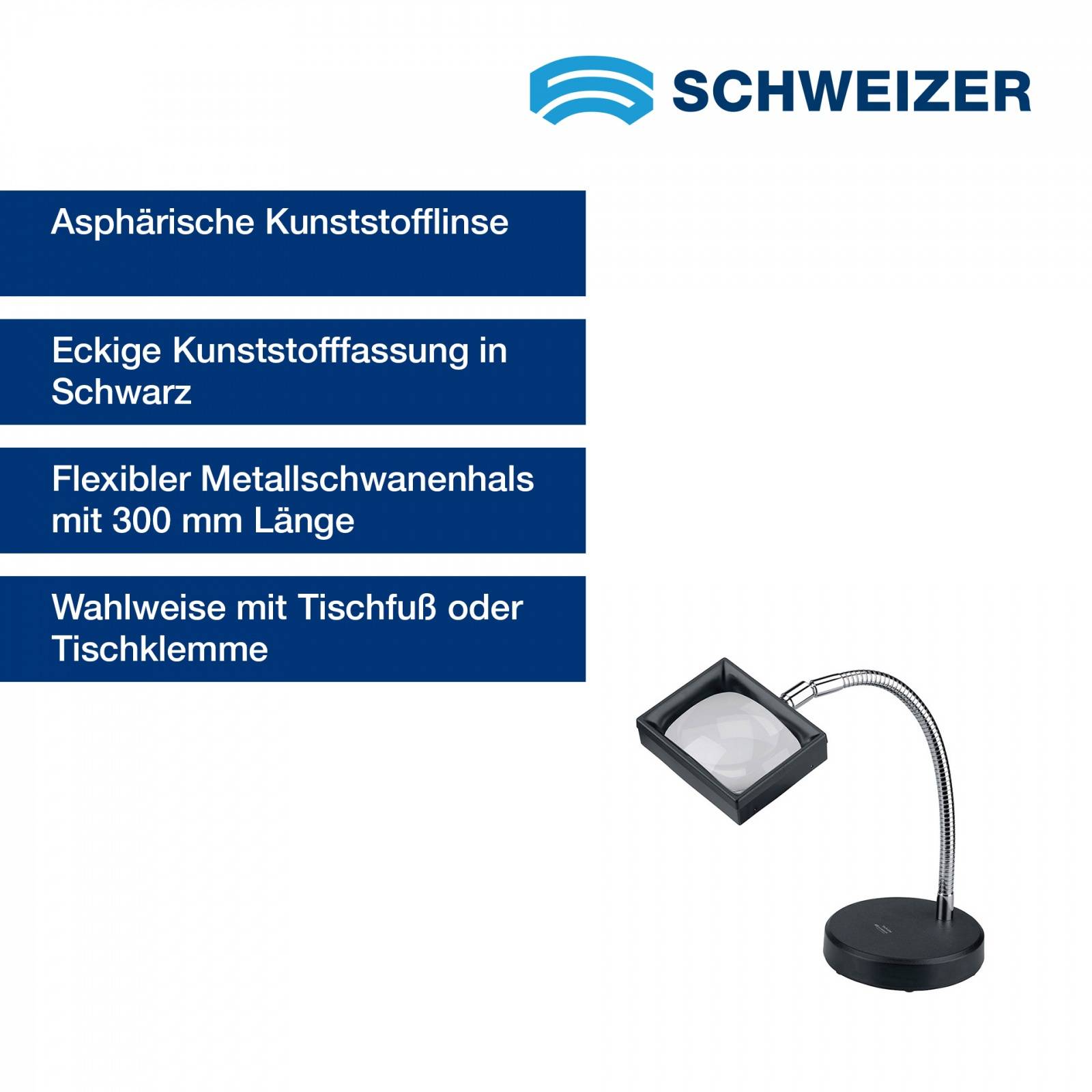 SCHWEIZER Arbeitsstandlupe KUNSTSTOFF Tischfuß 3 x / 100 x 75 mm, asphärisch